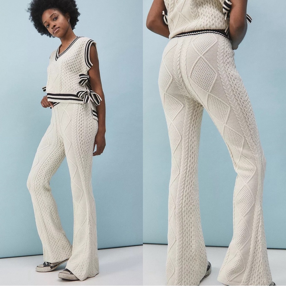 THE RAGGED PRIEST x Milk It Yarn Cream Striped Varsity Knit Wide Leg Pants